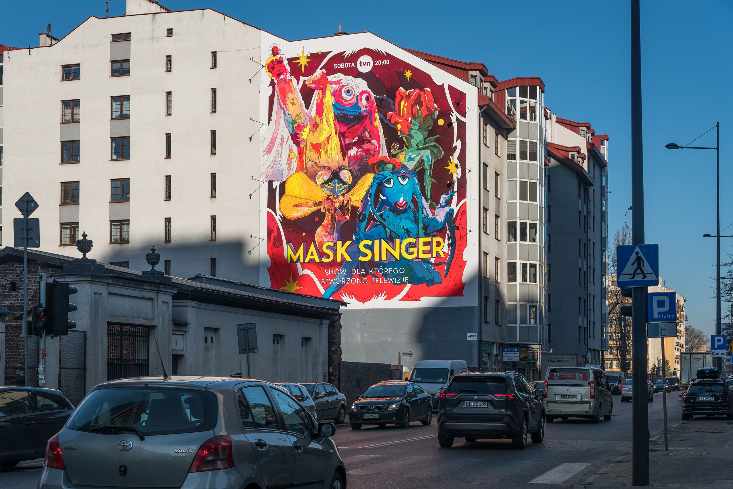 mural reklamowy dla klienta TVN przedstawiający grafikę wykonaną dla programu Mask Singer
