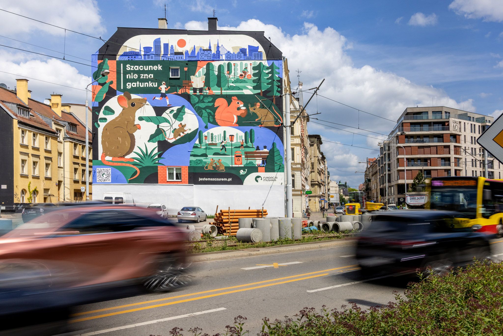 Malowany mural Mushika przy ul. Jedności Narodowej 42–44 we Wrocławiu, wykonany przez Good Looking Studio