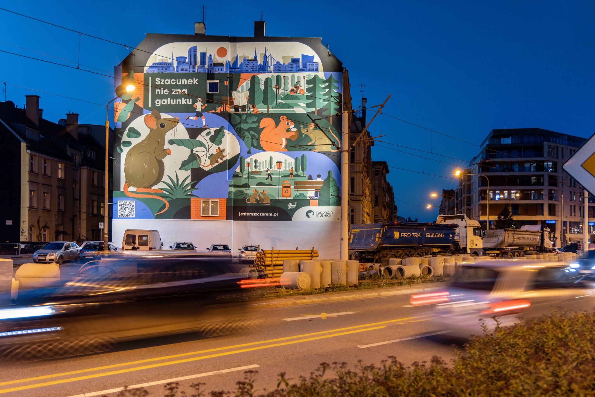 Malowany mural Mushika przy ul. Jedności Narodowej 42–44 we Wrocławiu, wykonany przez Good Looking Studio