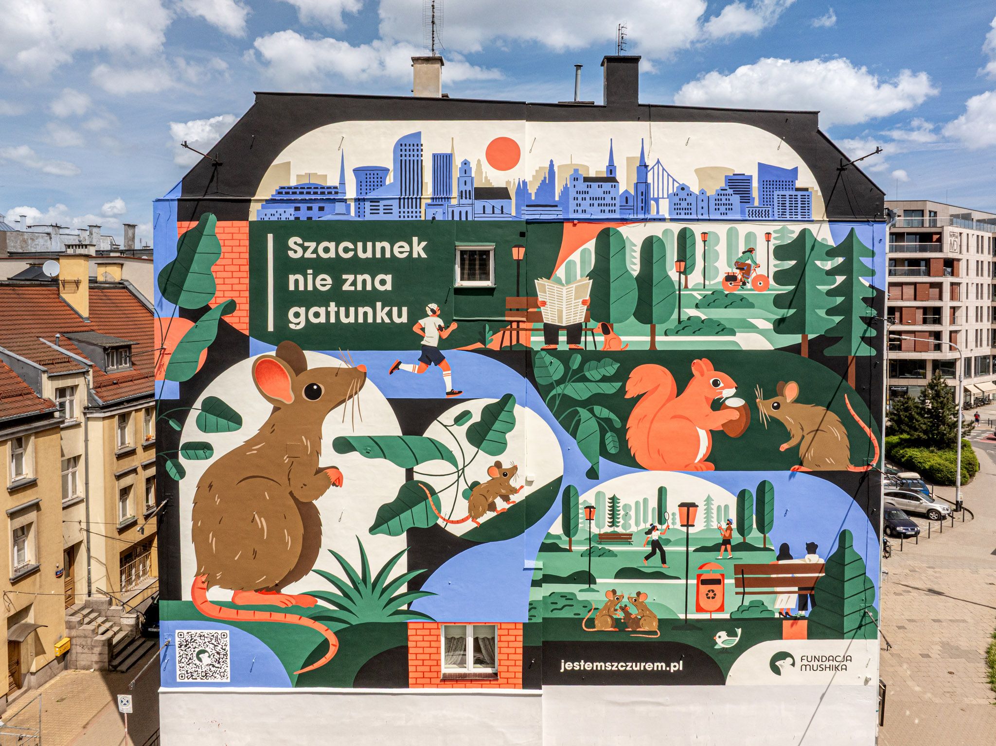 Malowany mural Mushika przy ul. Jedności Narodowej 42–44 we Wrocławiu, wykonany przez Good Looking Studio